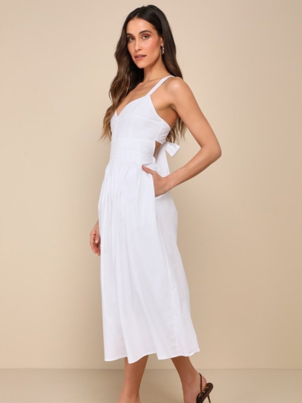 Lulus Strolling Sicily White Pleated Backless Midi Dress With Pockets - Size S